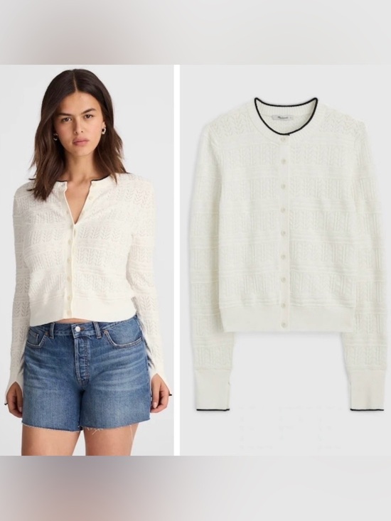 Madewell Sweaters - NWT Madewell Pointelle-Stitch Cardigan in Ivory, Black Trim & Split Cuffs, M & L